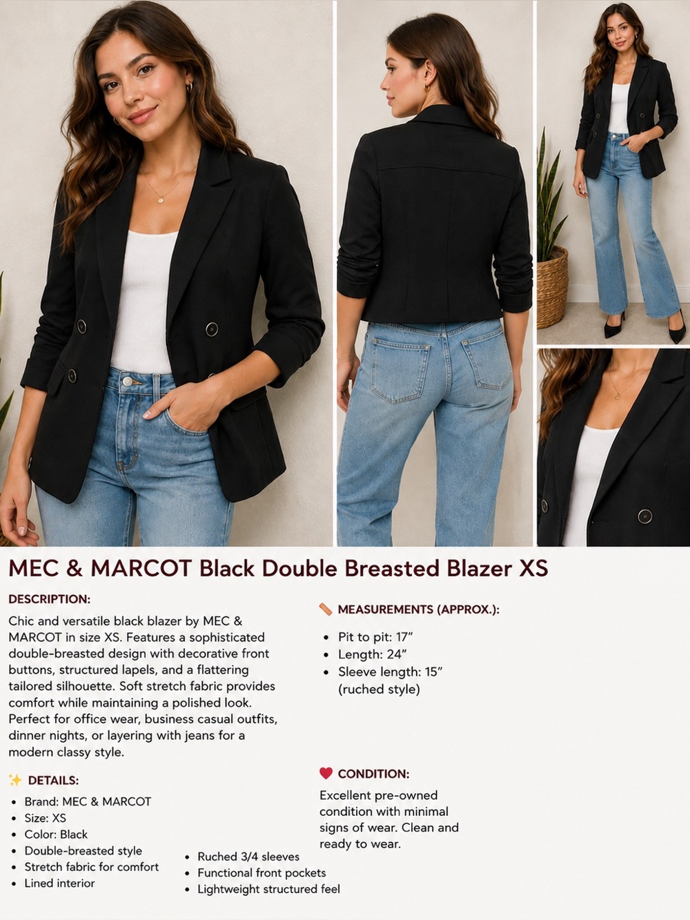 MEC & MARCOT Black Double Breasted Blazer XS